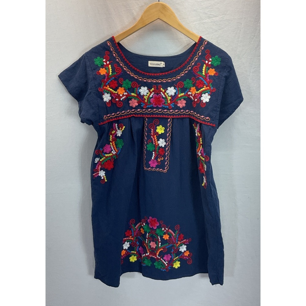 Handmade Mexican Oaxacan Patio Flowers Floral‎ Embroidery Kaftan Dress MD Navy